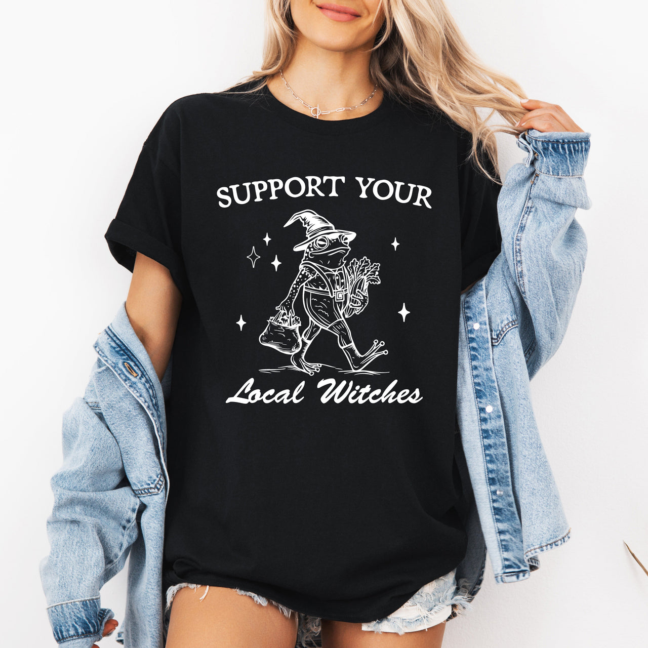 Support Your Local Witches Frog Halloween Witchy Spooky Nighttime Charm Graphic Tee
