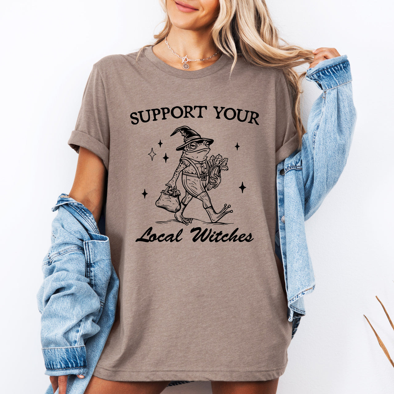 Support Your Local Witches Frog Halloween Witchy Spooky Nighttime Charm Graphic Tee