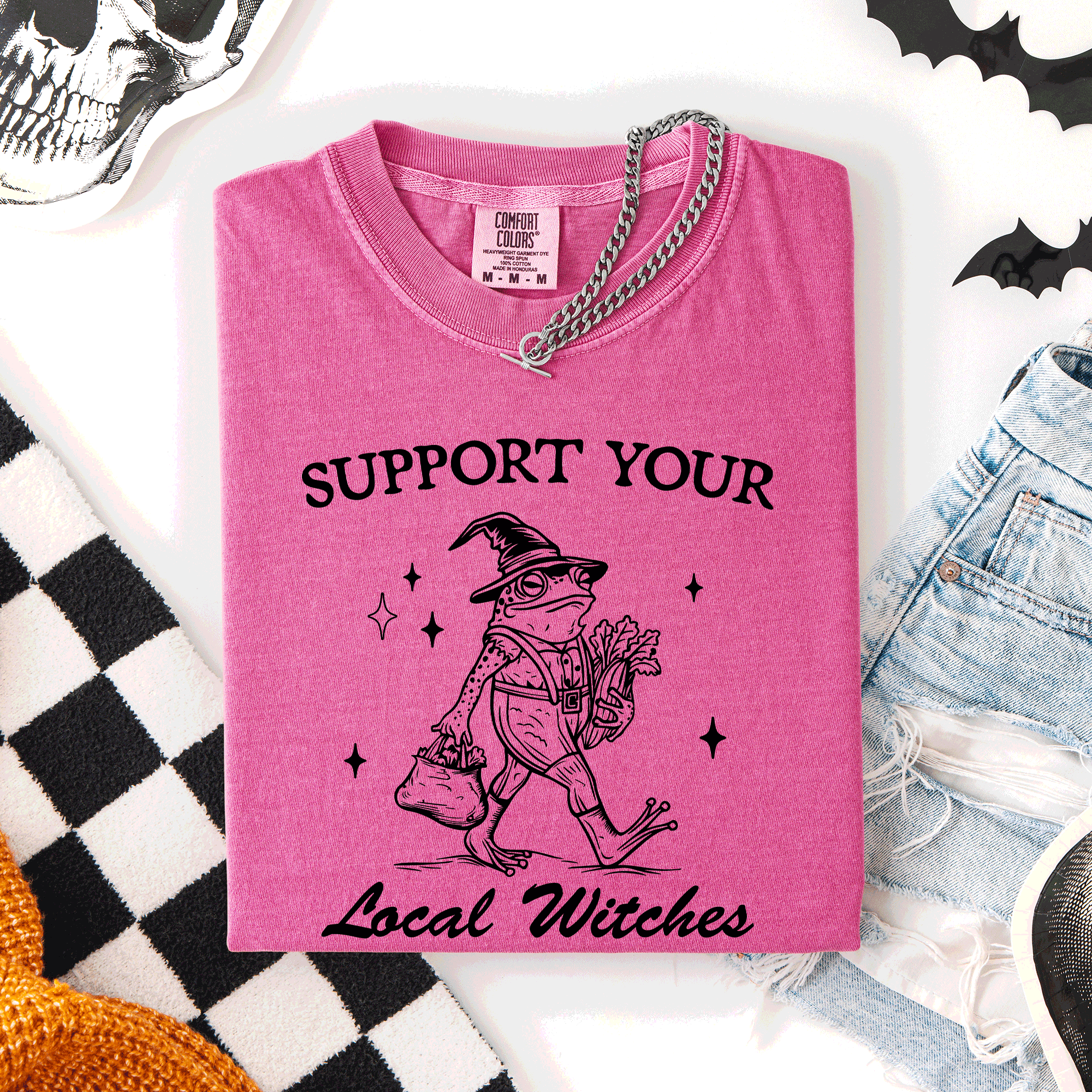 Support Your Local Witches Frog Halloween Witch Spooky Season Graphic Design Edition Comfort Colors Tee