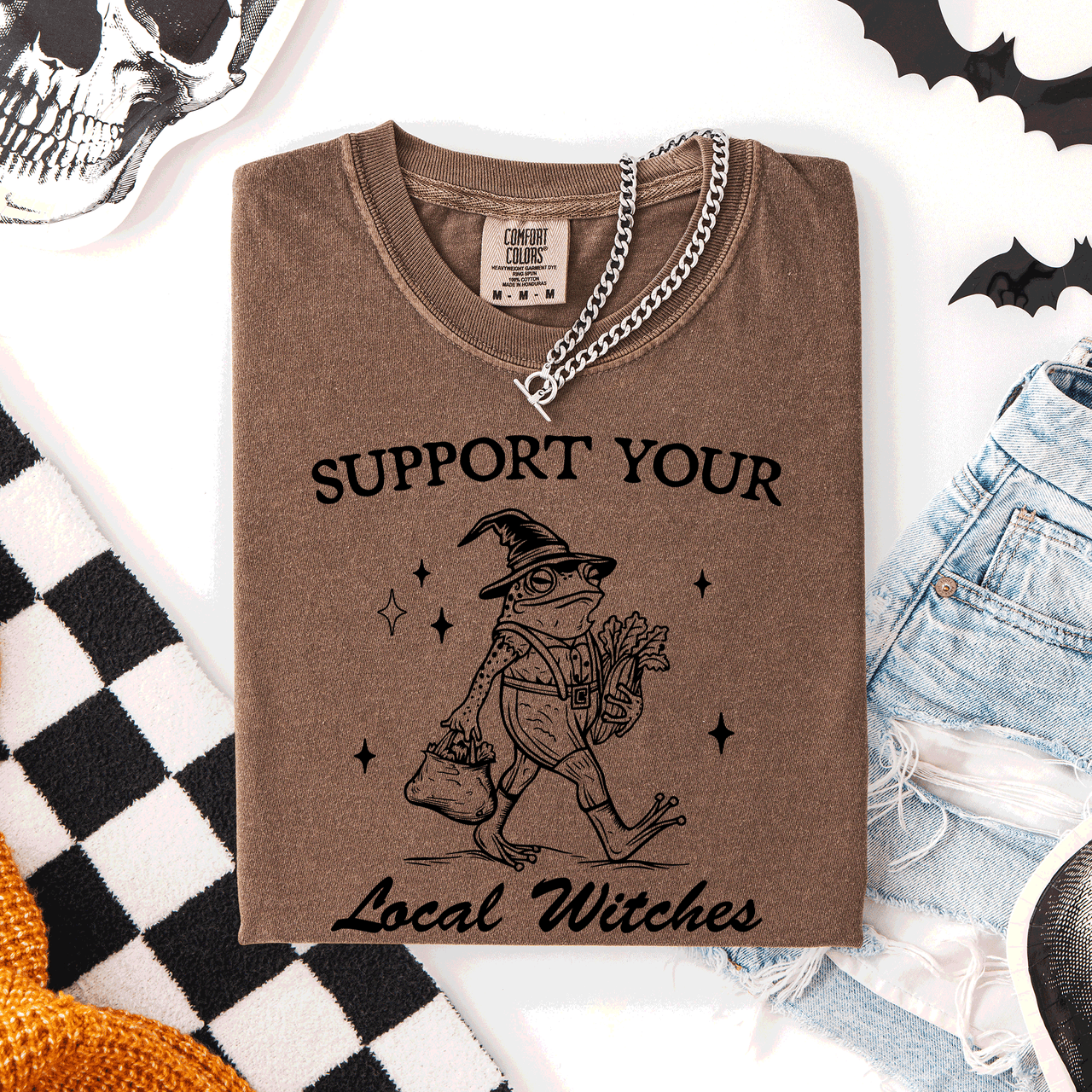 Support Your Local Witches Frog Halloween Witch Spooky Season Graphic Design Edition Comfort Colors Tee