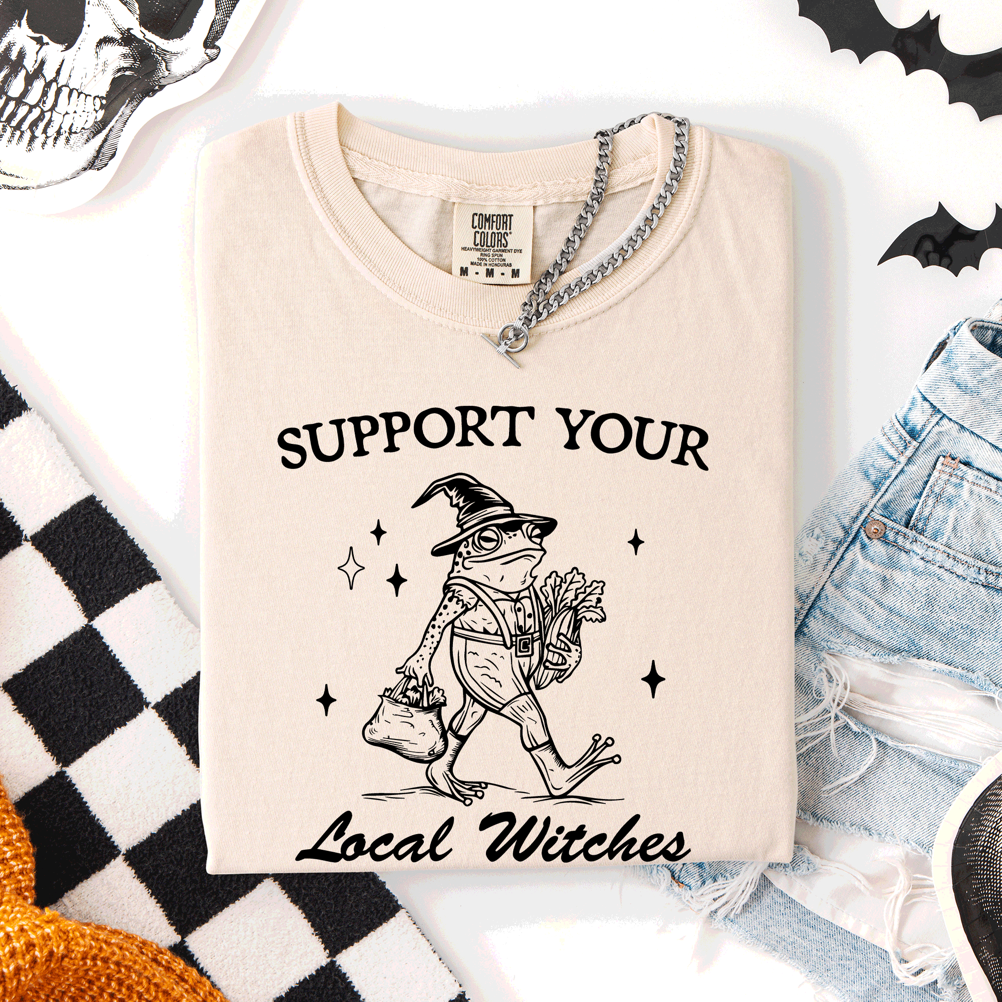 Support Your Local Witches Frog Halloween Witch Spooky Season Graphic Design Edition Comfort Colors Tee