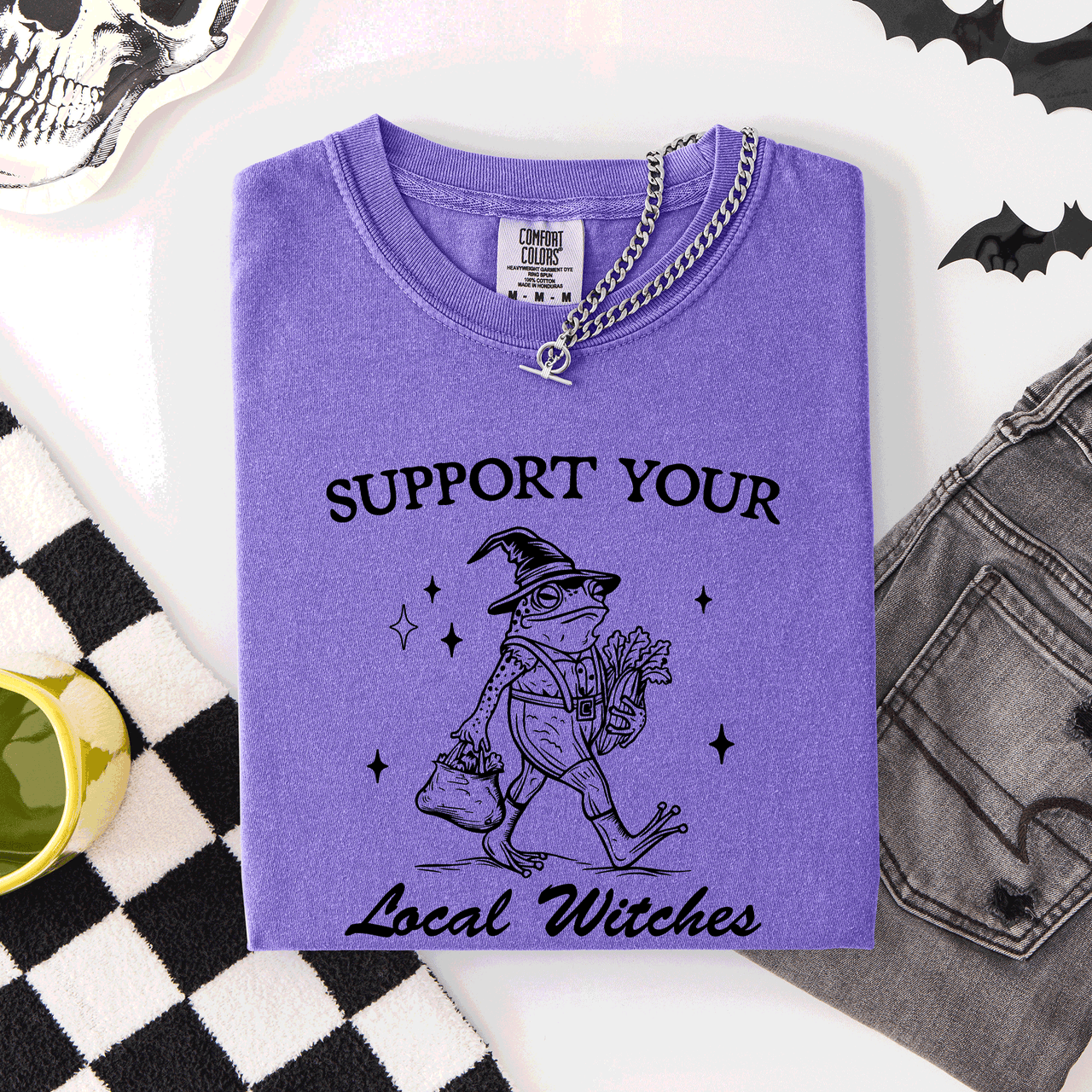 Support Your Local Witches Frog Halloween Witch Spooky Season Graphic Design Edition Comfort Colors Tee