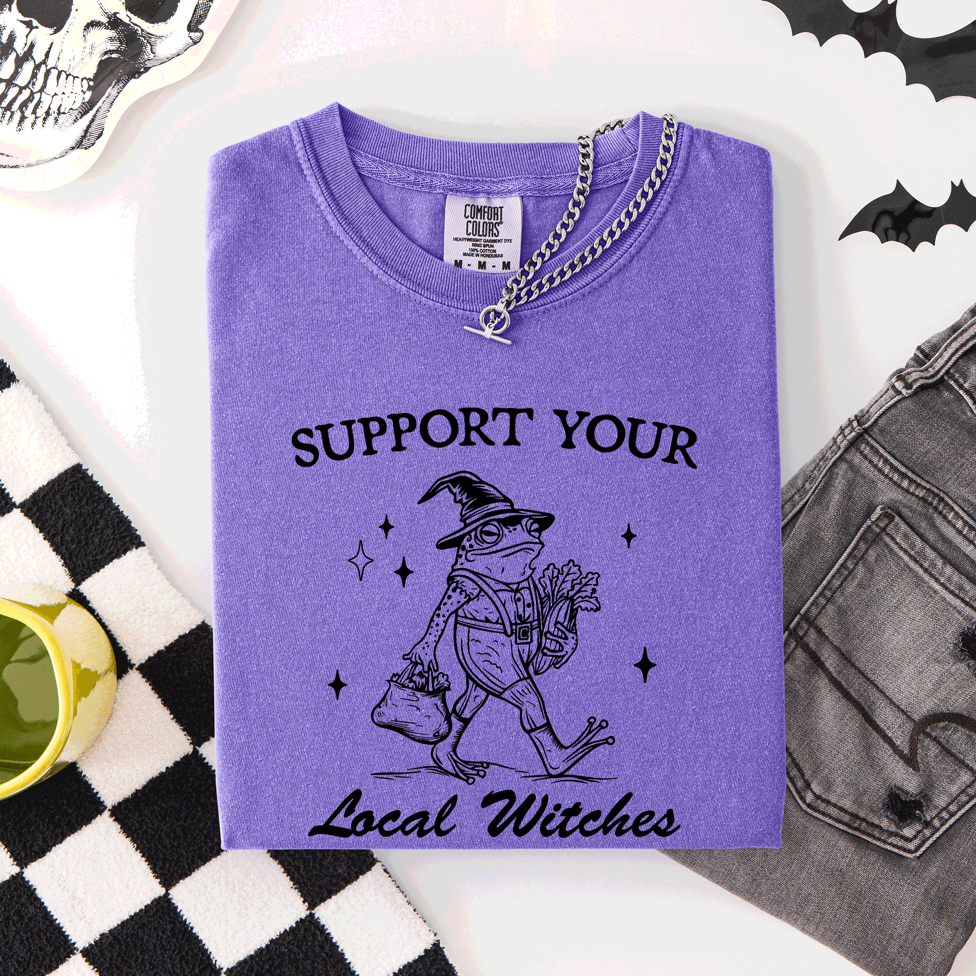 Support Your Local Witches Frog Halloween Witch Spooky Season Graphic Design Edition Comfort Colors Tee