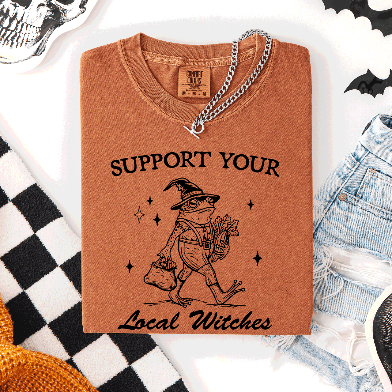 Support Your Local Witches Frog Halloween Witch Spooky Season Graphic Design Edition Comfort Colors Tee