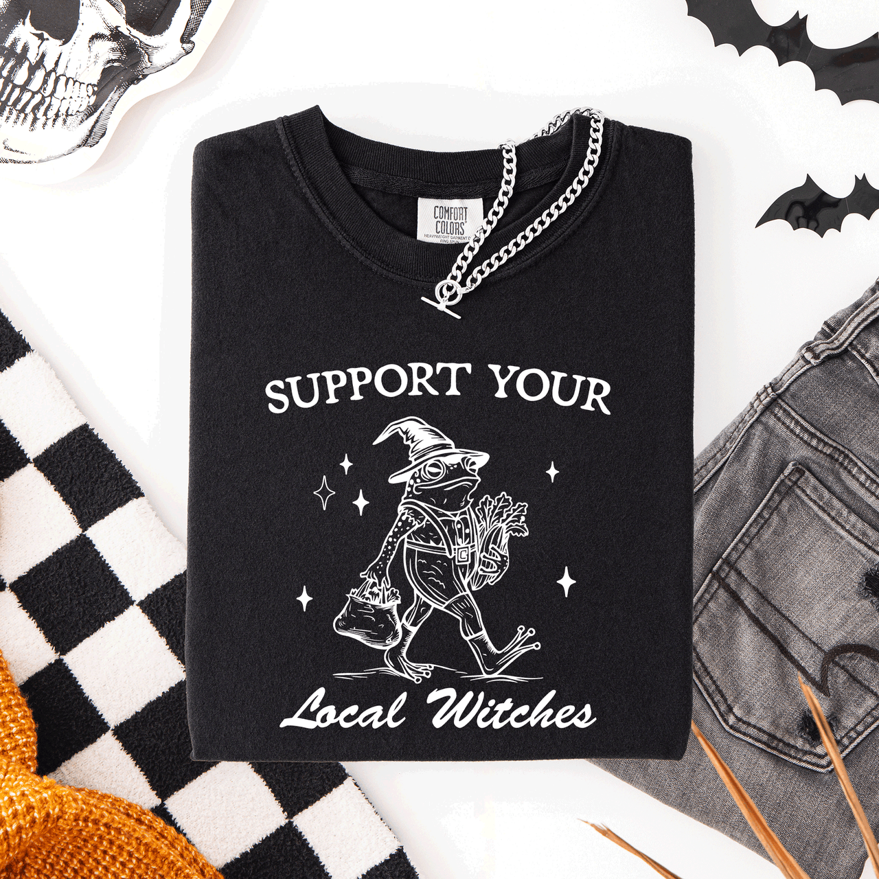 Support Your Local Witches Frog Halloween Witch Spooky Season Graphic Design Edition Comfort Colors Tee