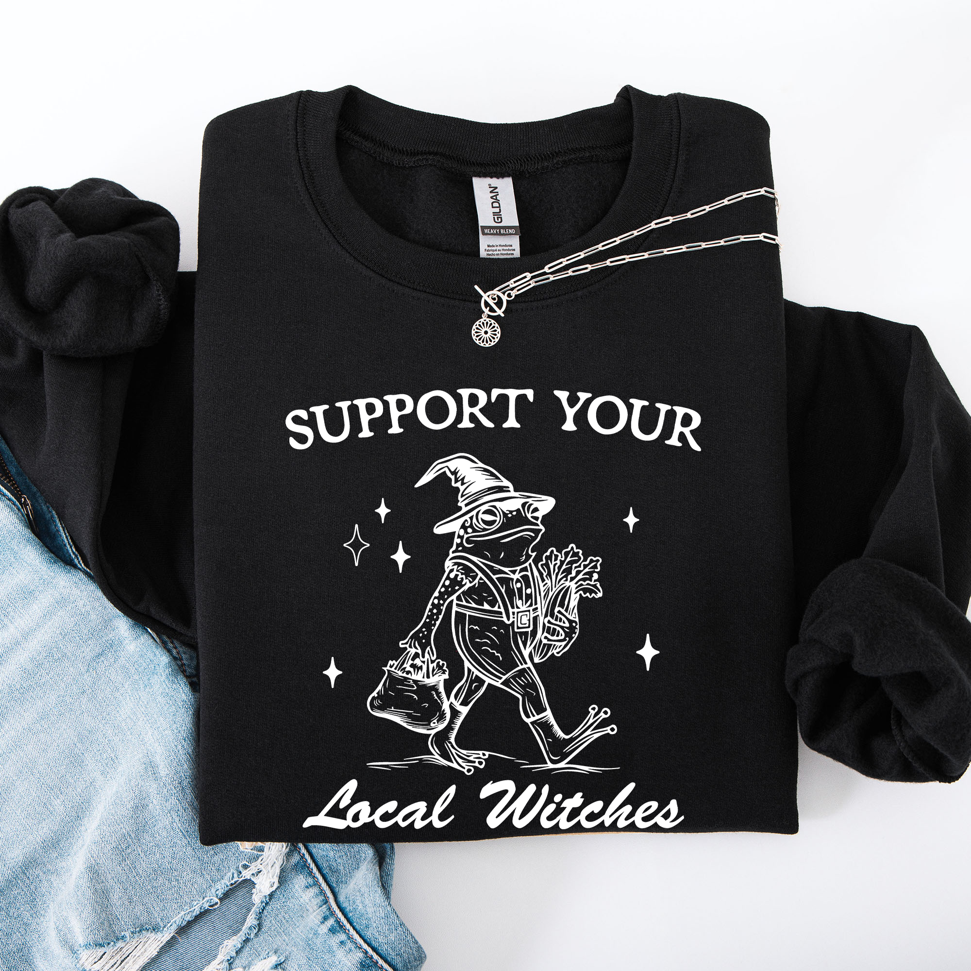 Support Your Local Witches Frog Halloween Witch Design Cozy Autumn Themed Sweatshirt