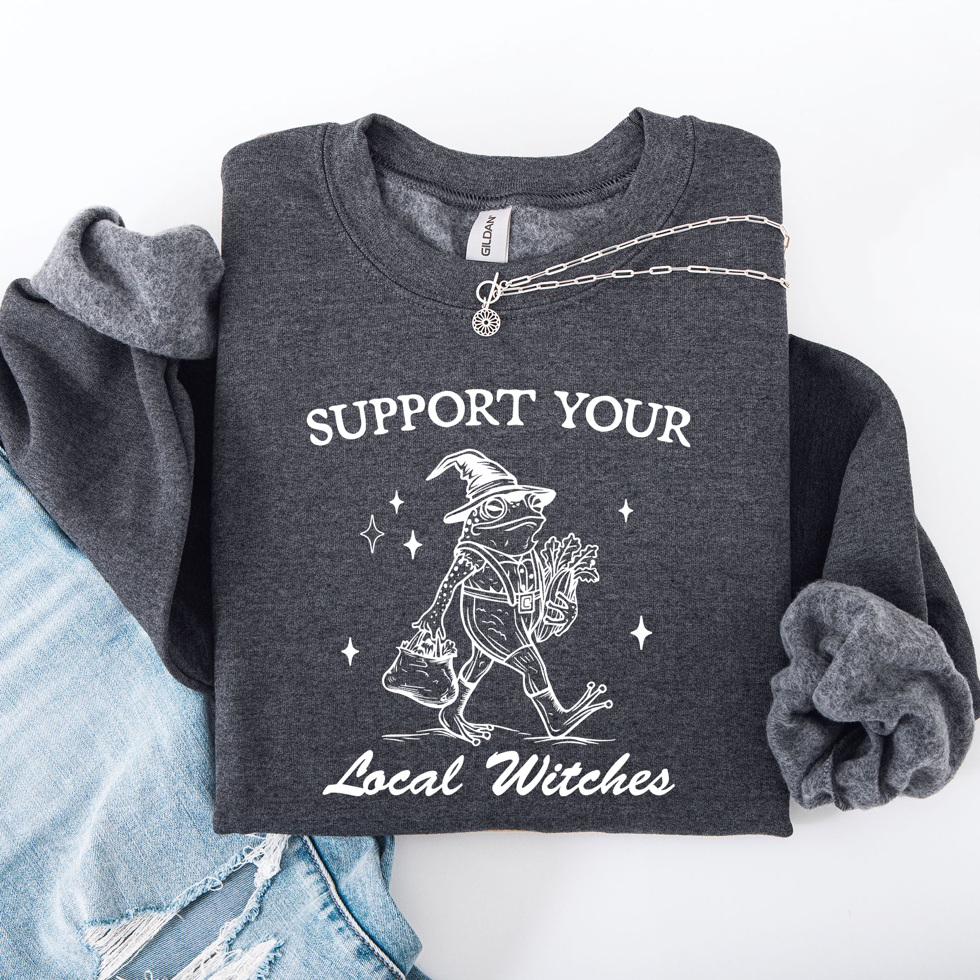 Support Your Local Witches Frog Halloween Witch Design Cozy Autumn Themed Sweatshirt