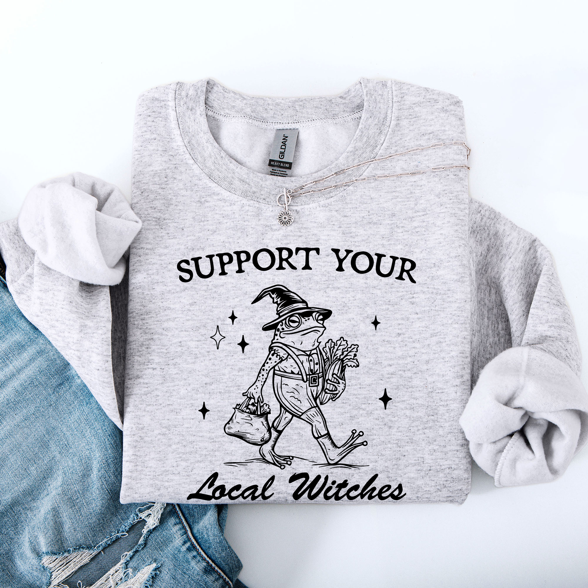 Support Your Local Witches Frog Halloween Witch Design Cozy Autumn Themed Sweatshirt