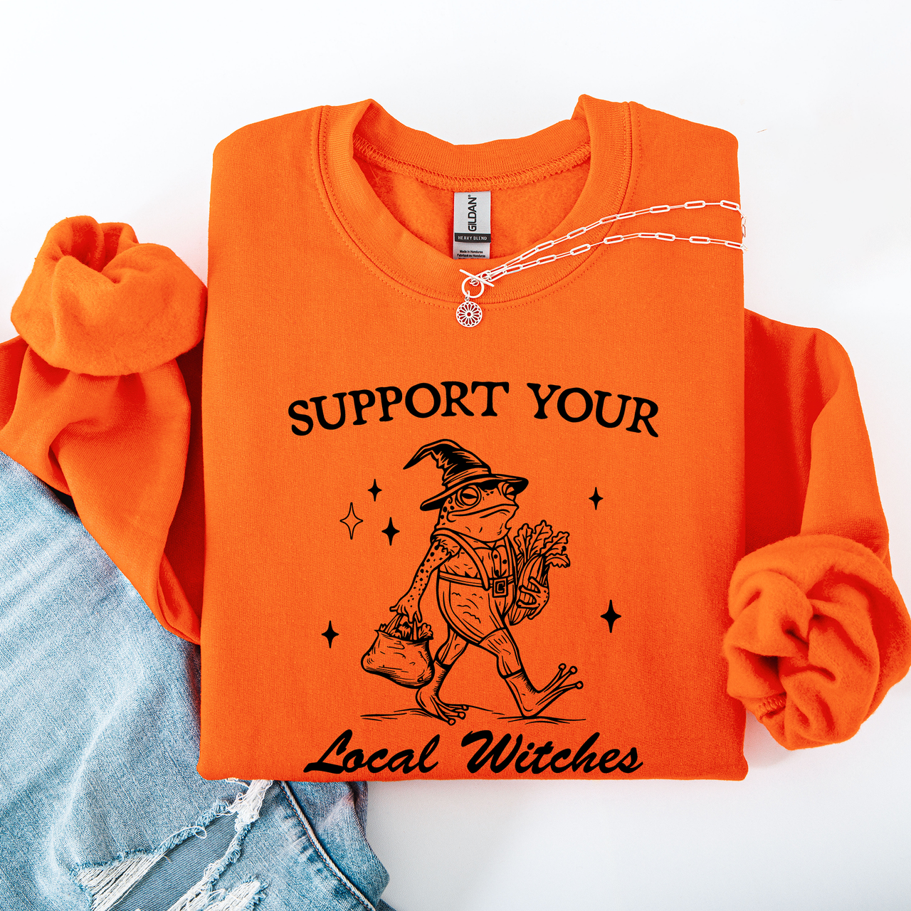 Support Your Local Witches Frog Halloween Witch Design Cozy Autumn Themed Sweatshirt