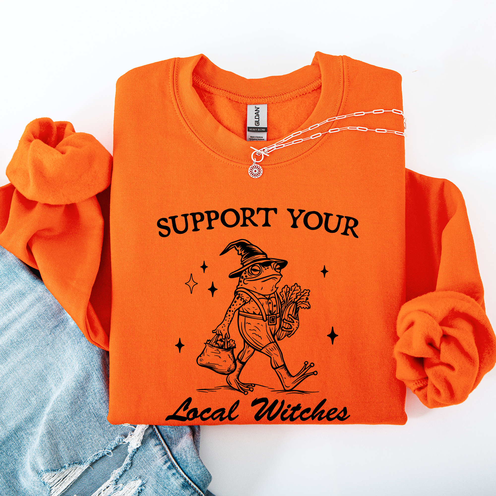 Support Your Local Witches Frog Halloween Witch Design Cozy Autumn Themed Sweatshirt