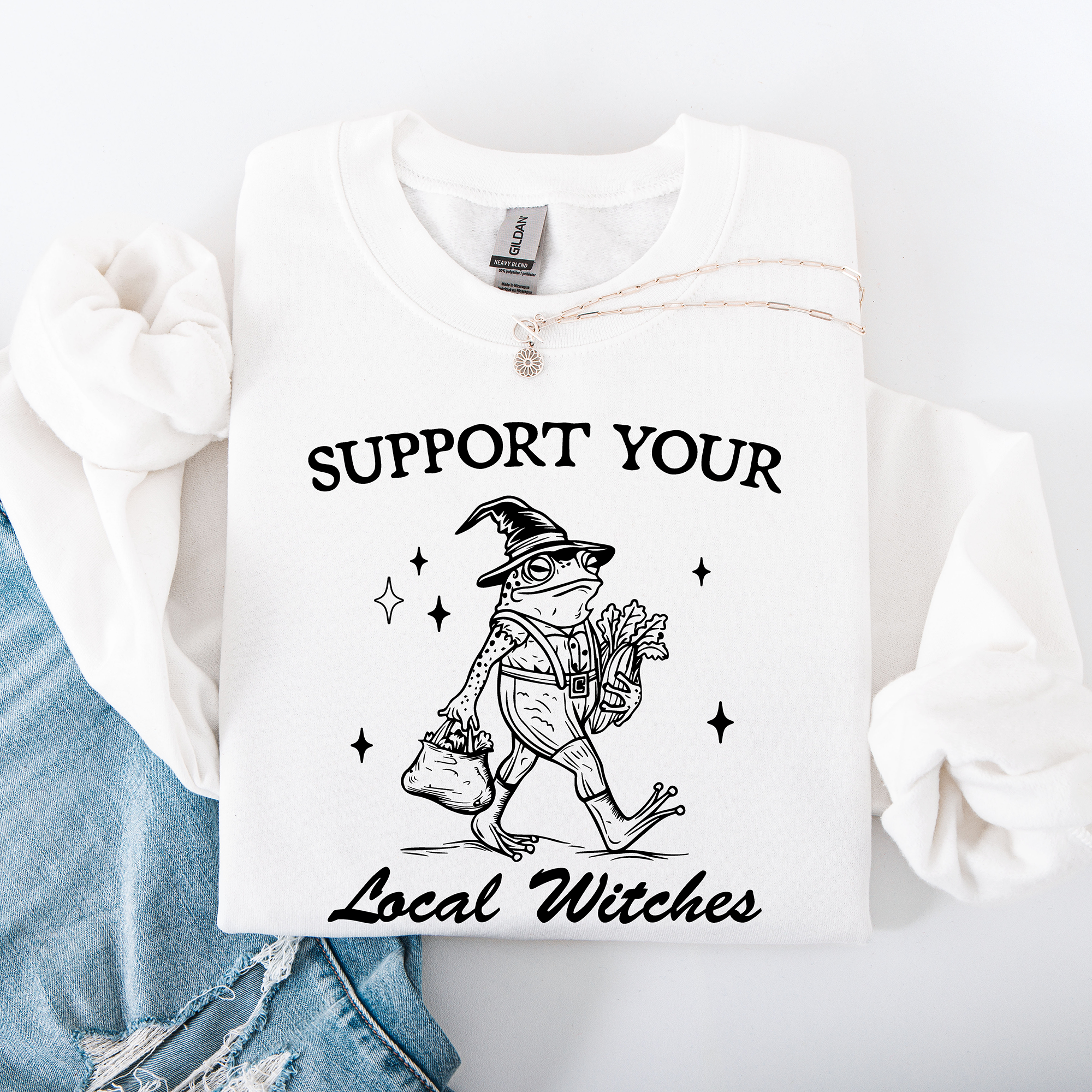Support Your Local Witches Frog Halloween Witch Design Cozy Autumn Themed Sweatshirt