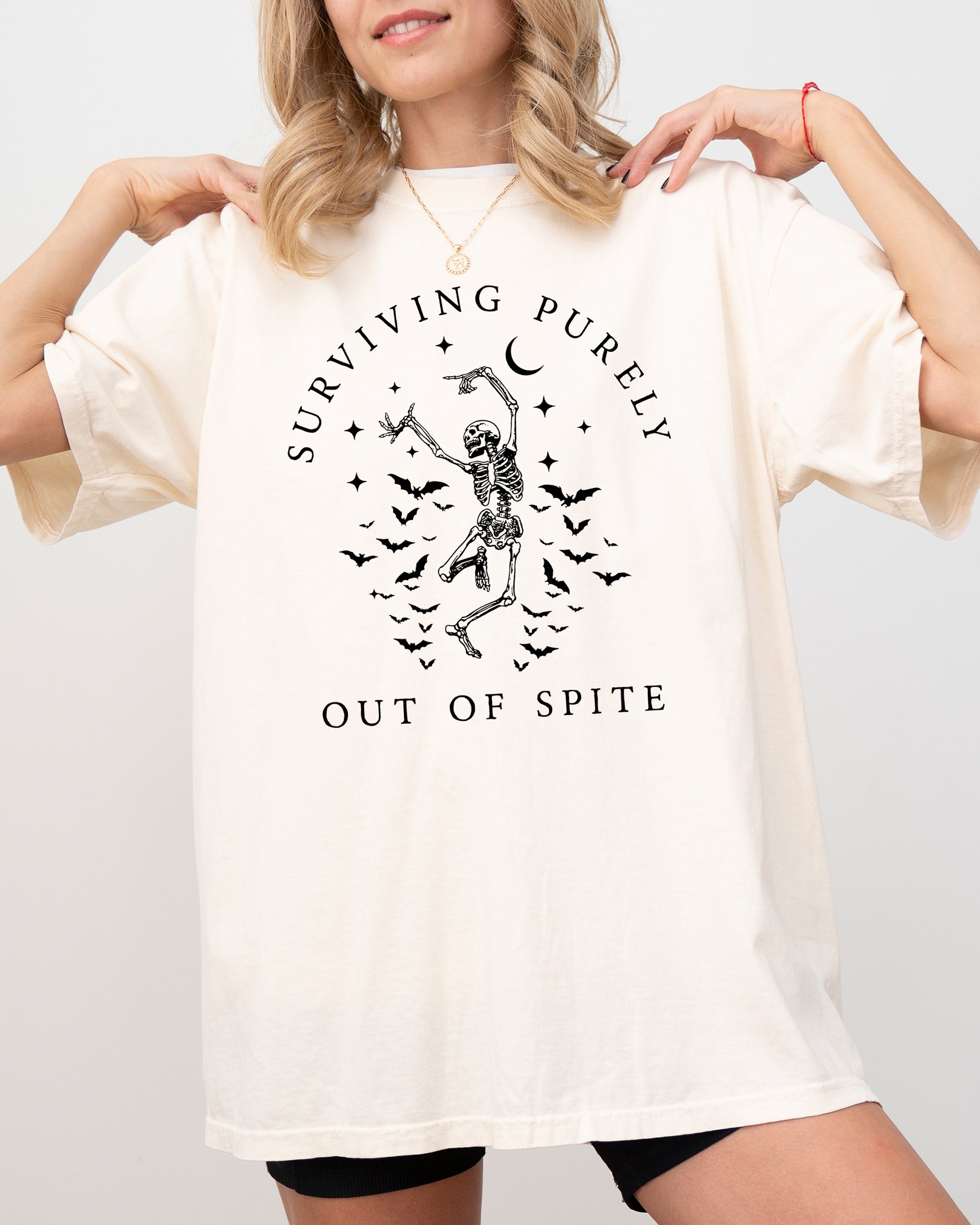 Surviving Purely Out Of Spite Skeleton Bats Halloween Spooky Dancing Comfort Colors Tee