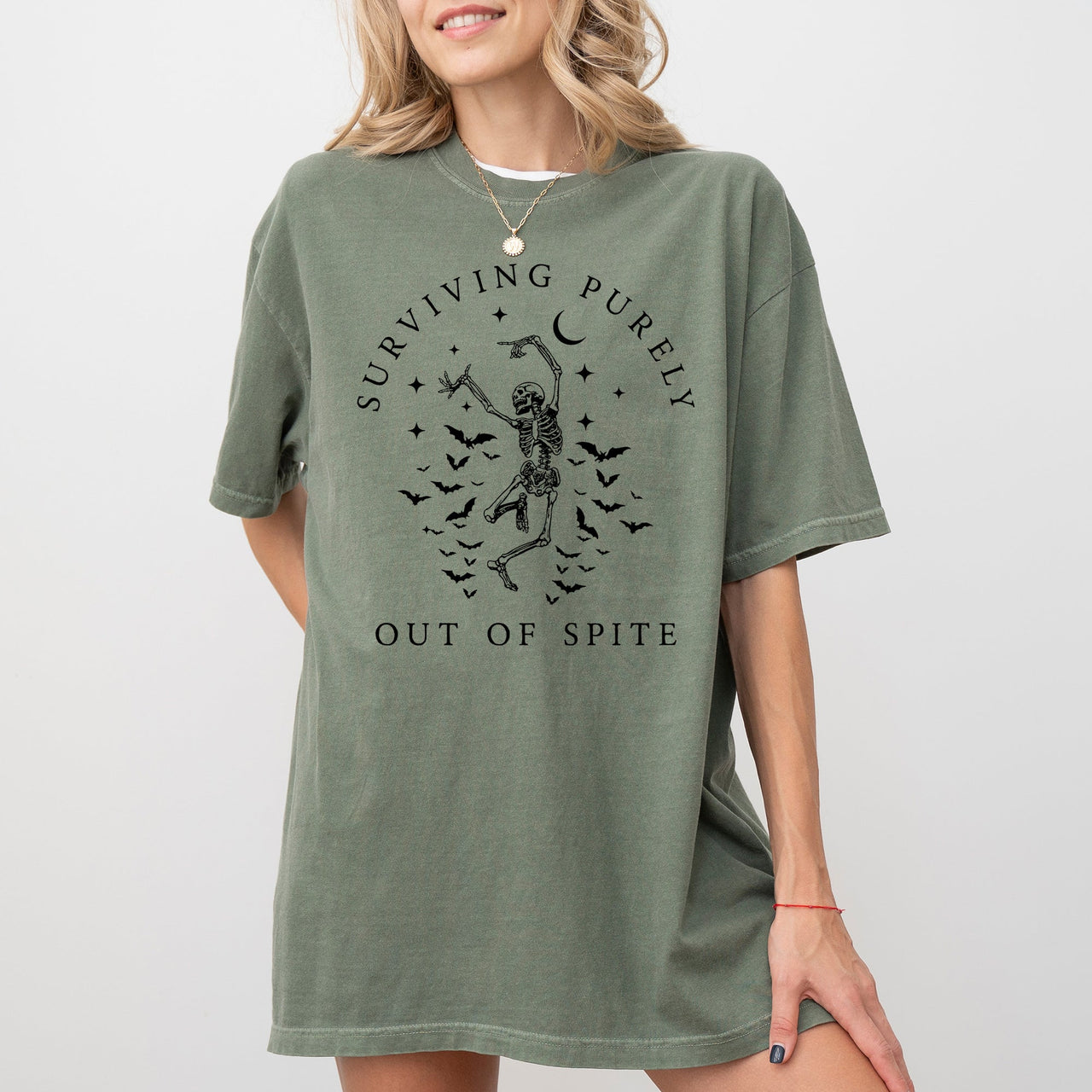 Surviving Purely Out Of Spite Skeleton Bats Halloween Spooky Dancing Comfort Colors Tee