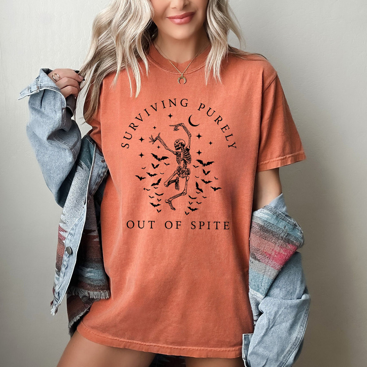 Surviving Purely Out Of Spite Skeleton Bats Halloween Spooky Dancing Comfort Colors Tee