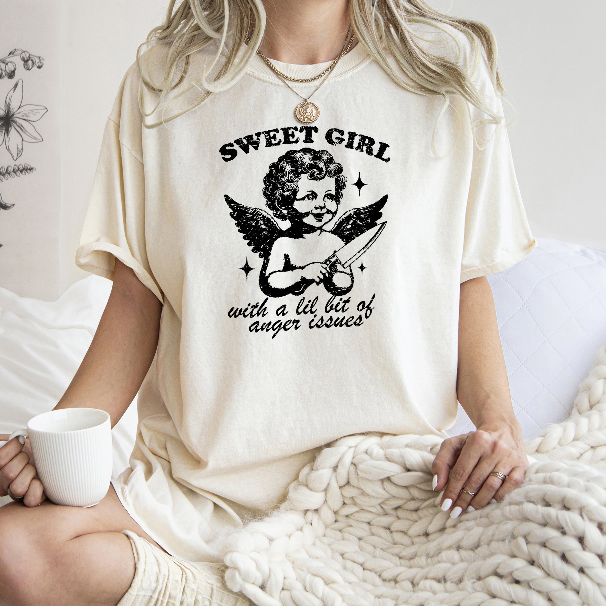 Sweet Girl Anger Issues Cupid Angel Meme Phrase Artwork Edition Comfort Colors Tee