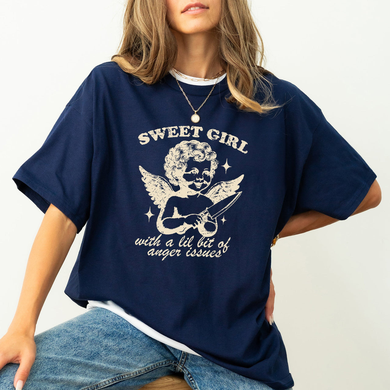 Sweet Girl Anger Issues Cupid Angel Meme Phrase Artwork Edition Comfort Colors Tee