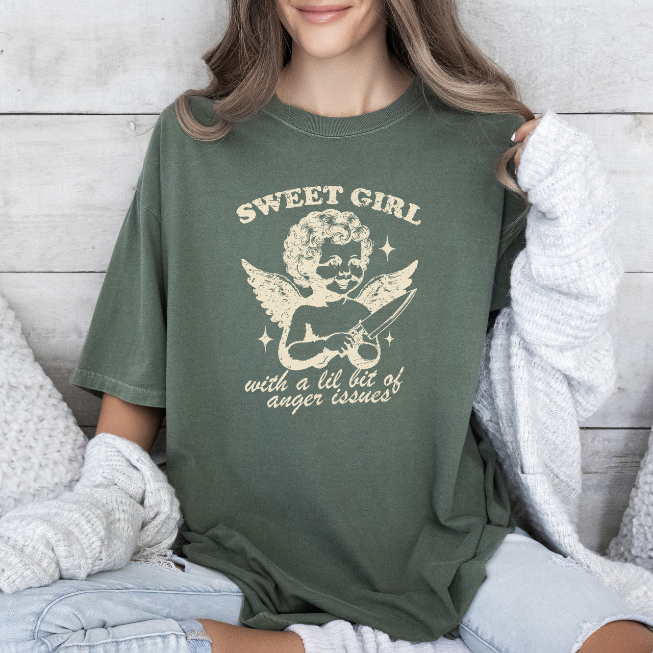 Sweet Girl Anger Issues Cupid Angel Meme Phrase Artwork Edition Comfort Colors Tee