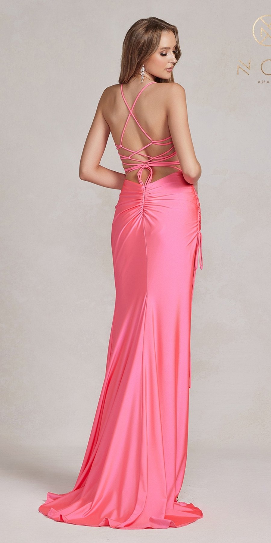 Nox Anabel T1140 Long Sheath Dress with High Leg Slit and Strappy Back