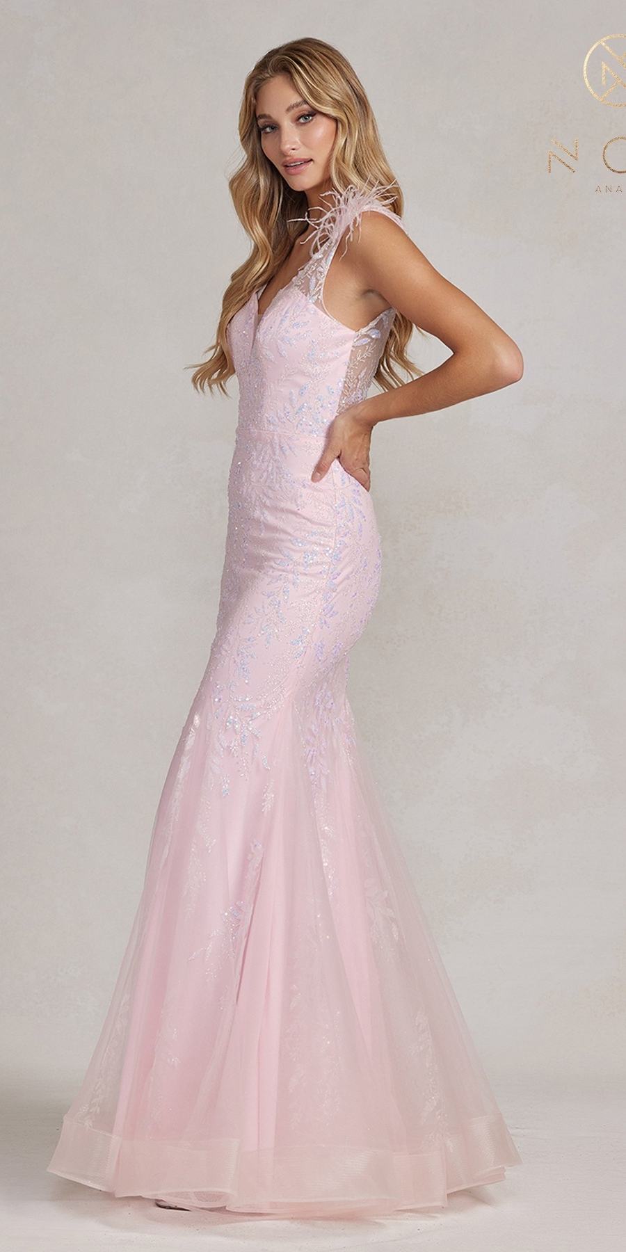 Nox Anabel T1208 Long Mermaid Gown with Feather Straps