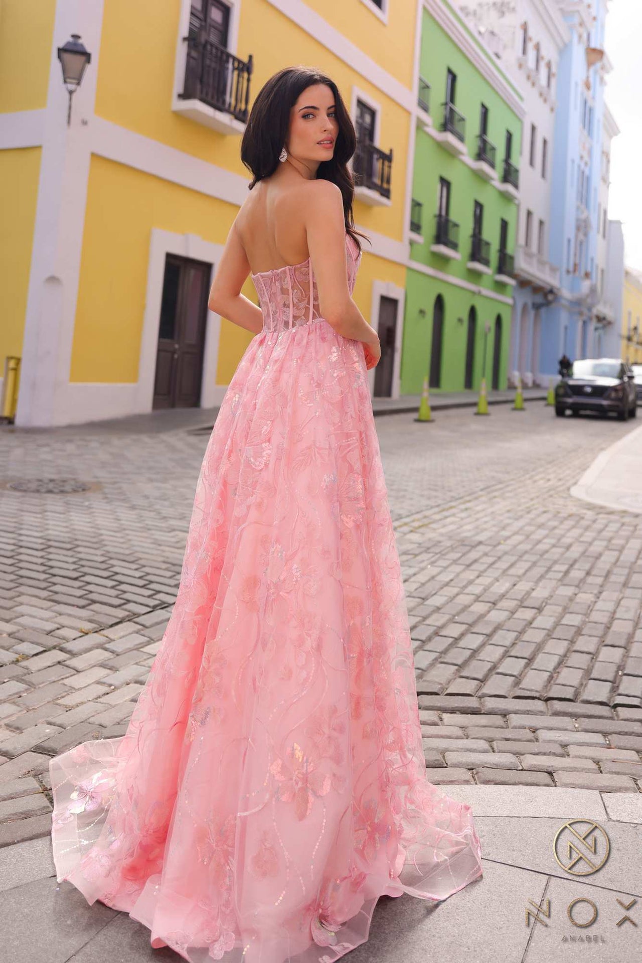 Nox Anabel T1332 Bell of the Ball Strapless A-Line Sequin Floral Dress