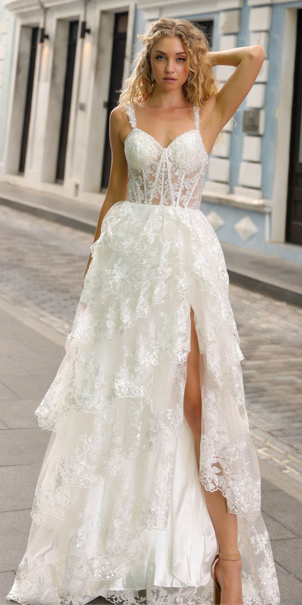 Nox Anabel T1335 Long A-Line Tiered Skirt Lace Applique Sweetheart Dress