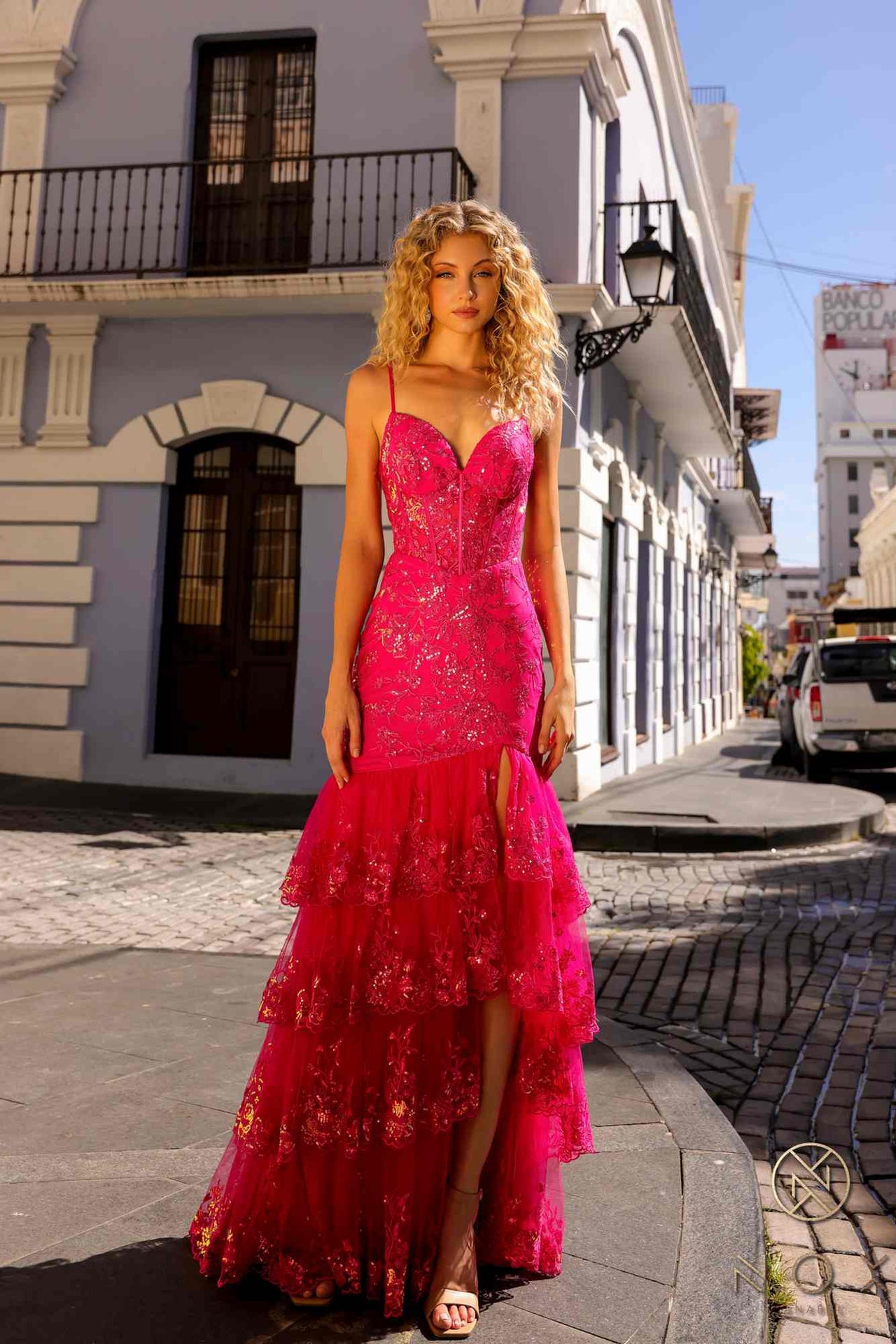 Nox Anabel T1337 Long Tiered Skirt Fitted Sequin Applique Mermaid Gown