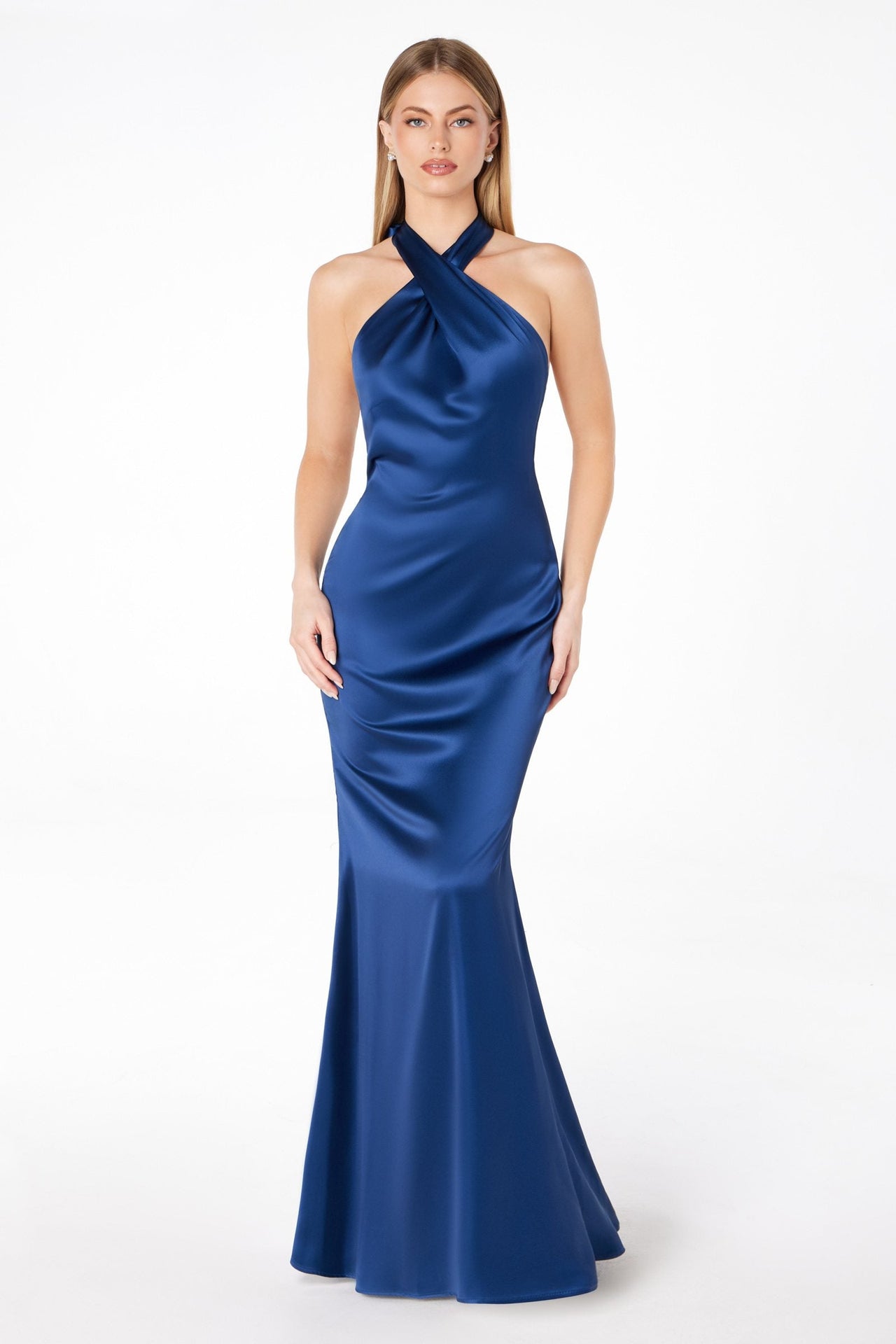 Astee T2005 Fitted Sleek Twisted Halter Top Satin Mermaid Gown
