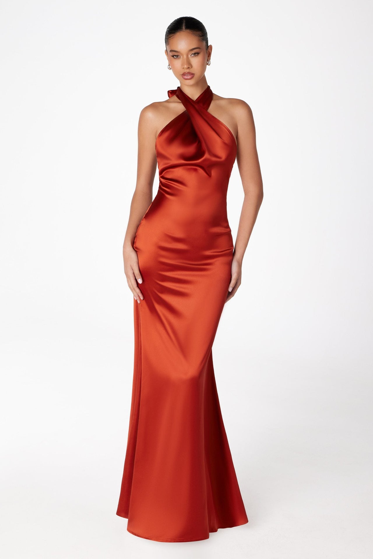 Astee T2005 Fitted Sleek Twisted Halter Top Satin Mermaid Gown
