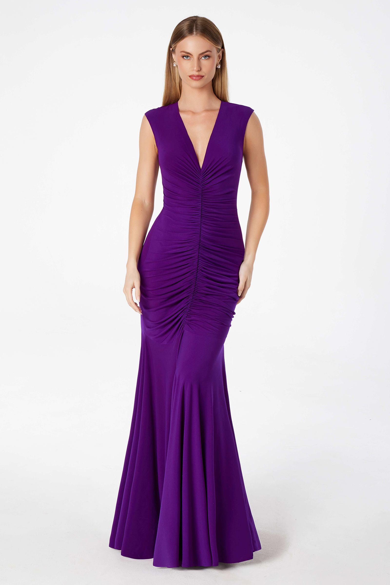 Astee T2009 Long V-Neckline Ruched Mermaid Gown