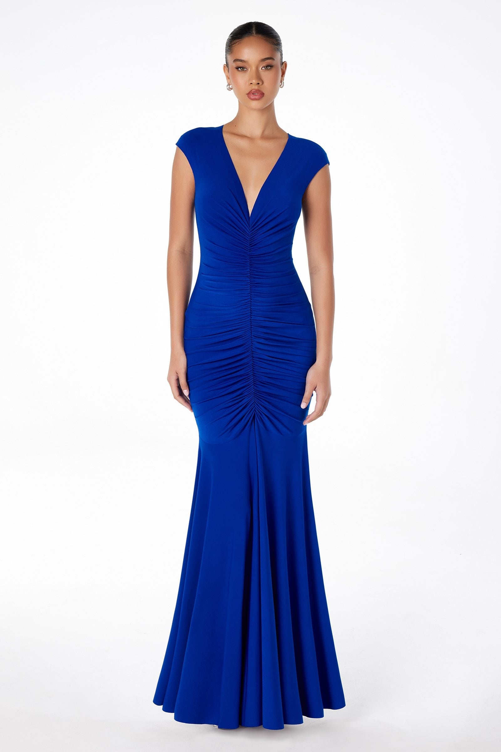Astee T2009 Long V-Neckline Ruched Mermaid Gown