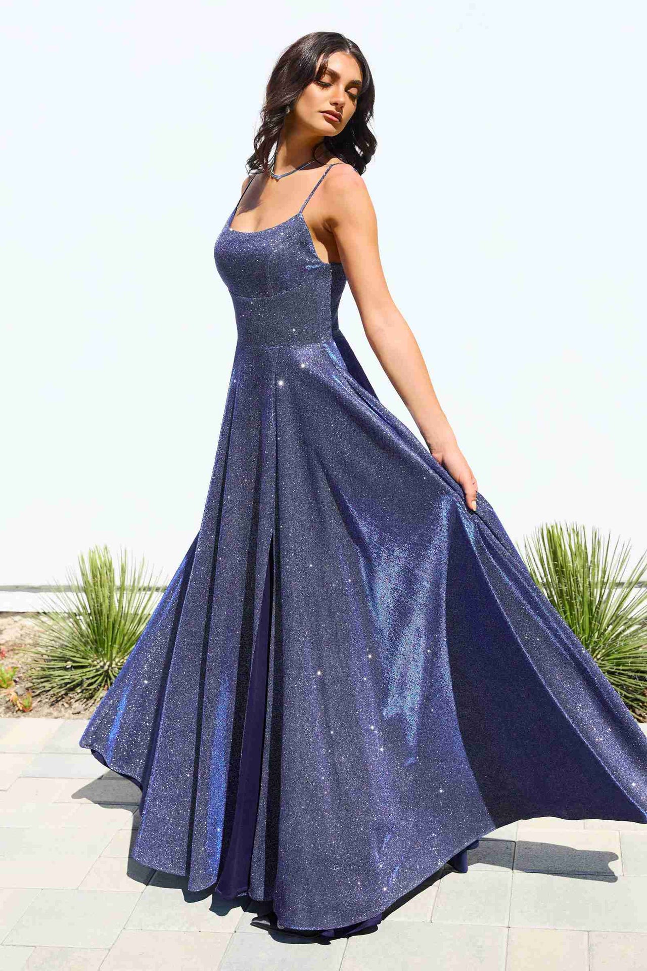 Ladivine Amoris T213 Sleeveless Spaghetti Strap A-Line Glitter Gown