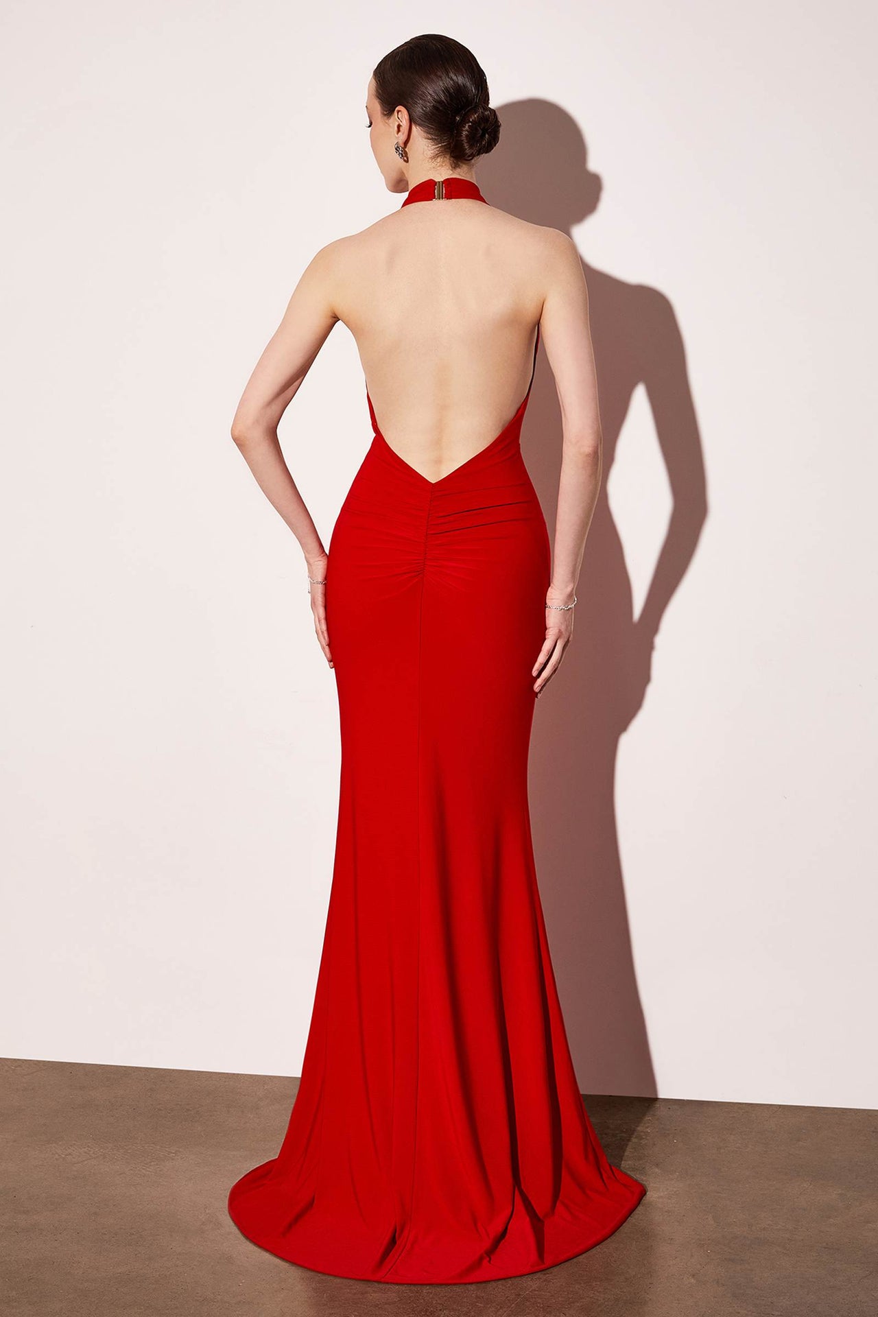 Astee T501 Long Halter V-Neckline Fitted Open Back Evening Gown