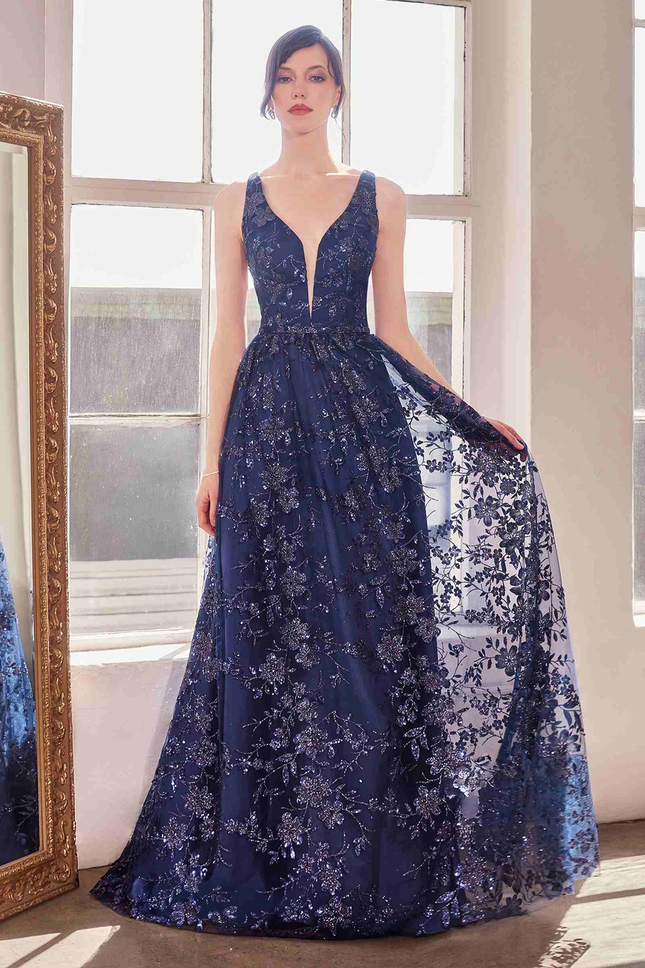 Ladivine Amoris T606 Long Sleeveless Glitter Print A-Line Gown
