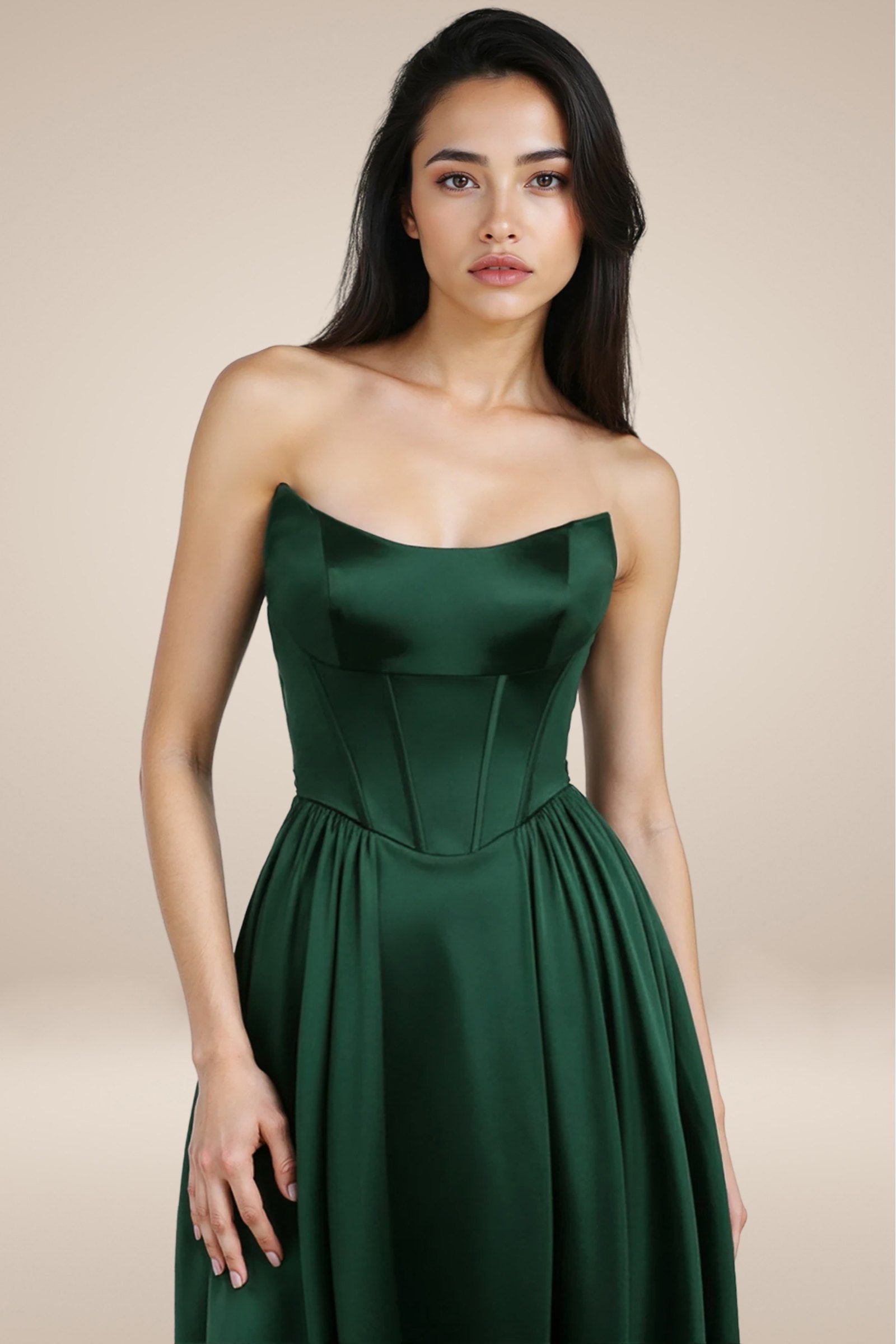 Amoris T612 Long A-Line Strapless Satin Semi-Formal Gown