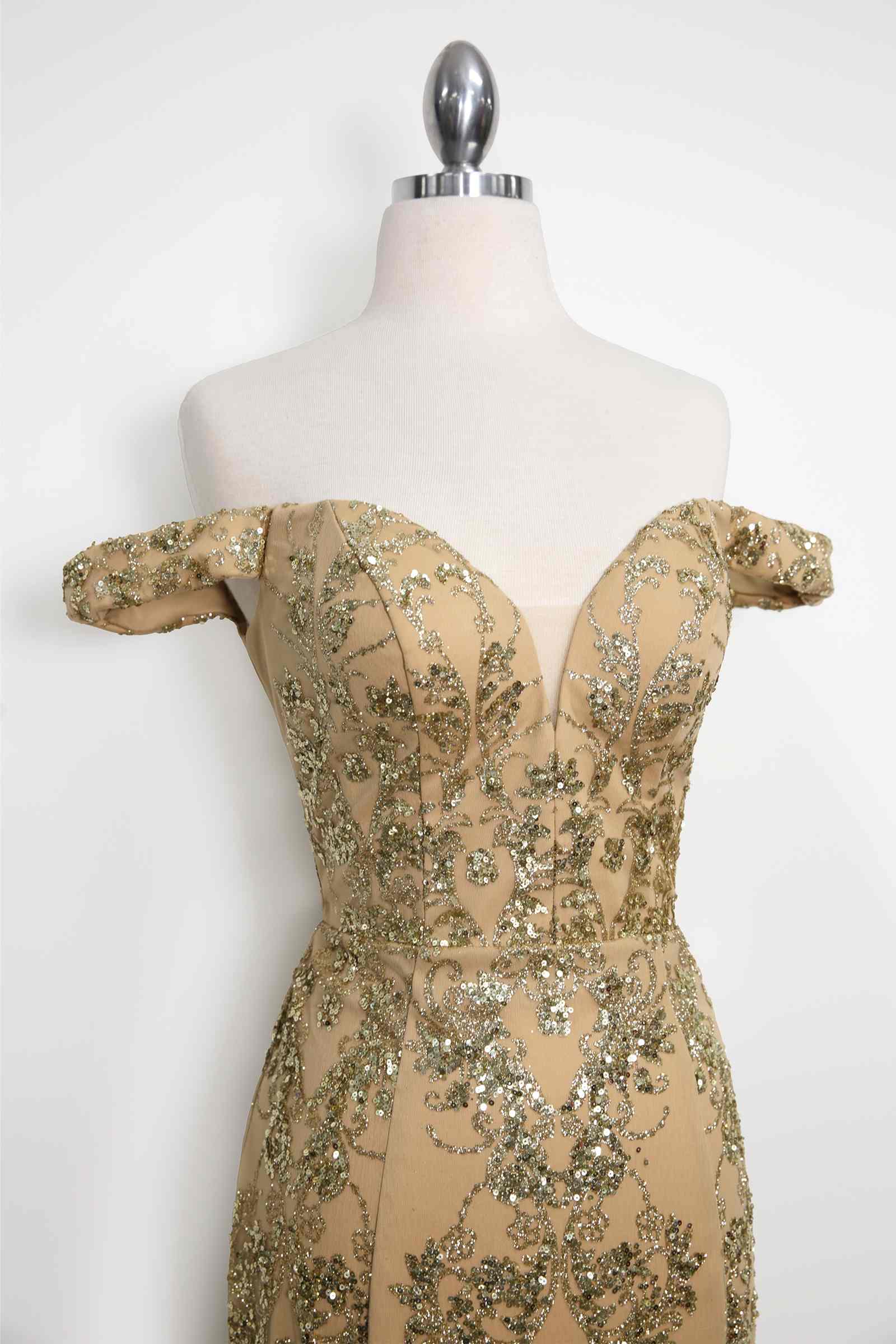 Amoris T613 Fitted Off the Shoulder Sequin Lace Sweep Train Gown
