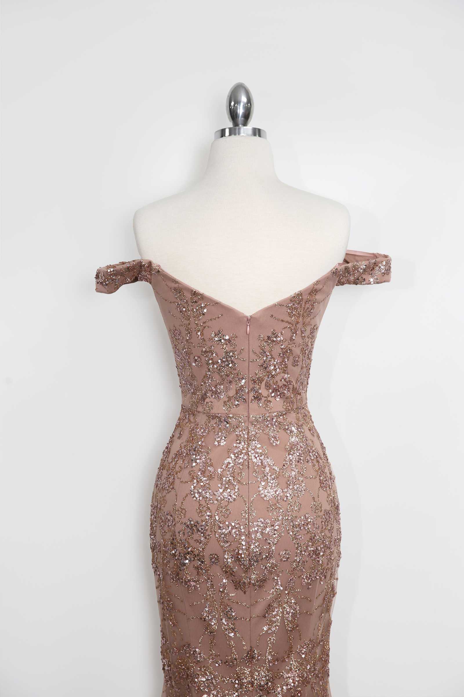 Amoris T613 Fitted Off the Shoulder Sequin Lace Sweep Train Gown