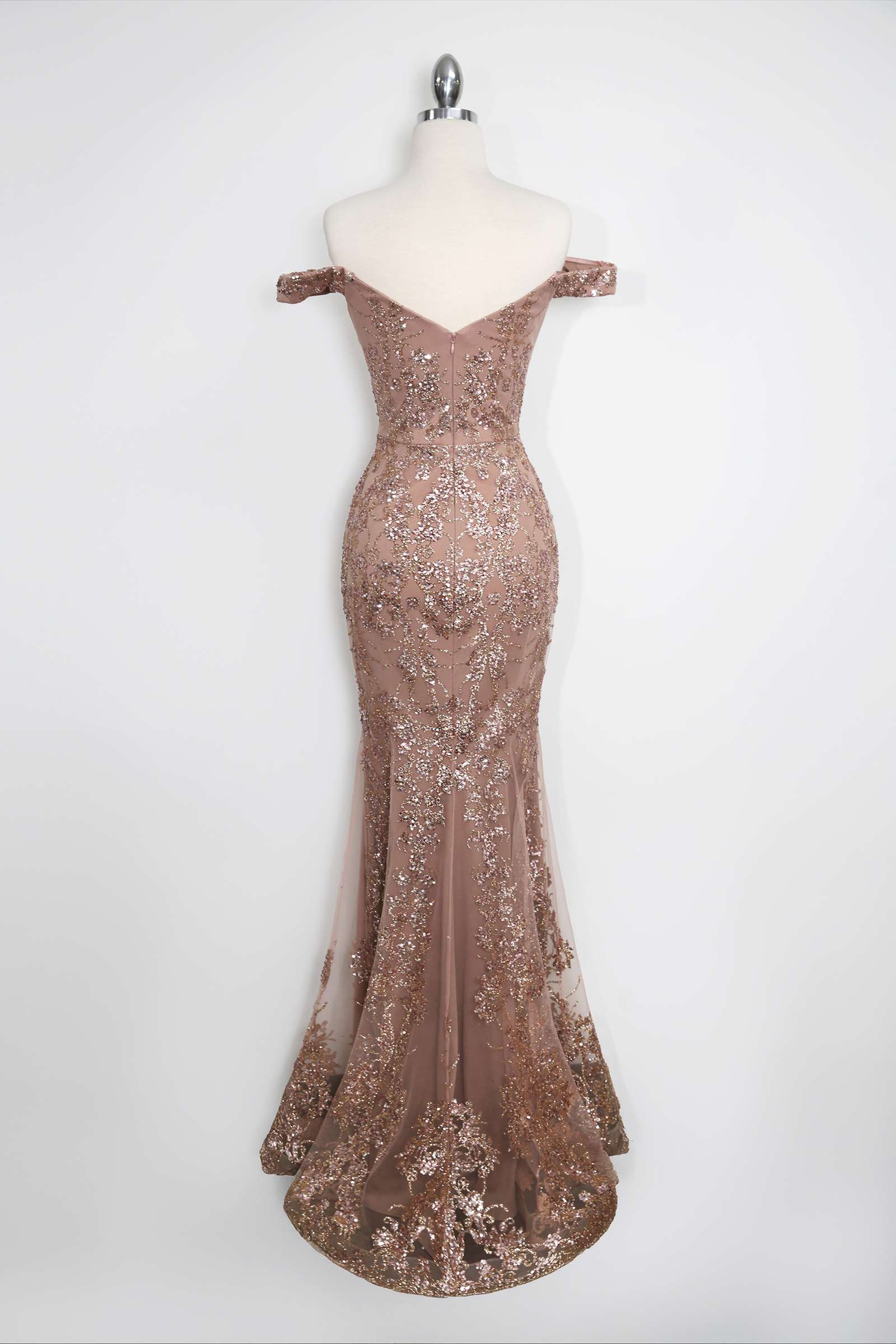 Amoris T613 Fitted Off the Shoulder Sequin Lace Sweep Train Gown