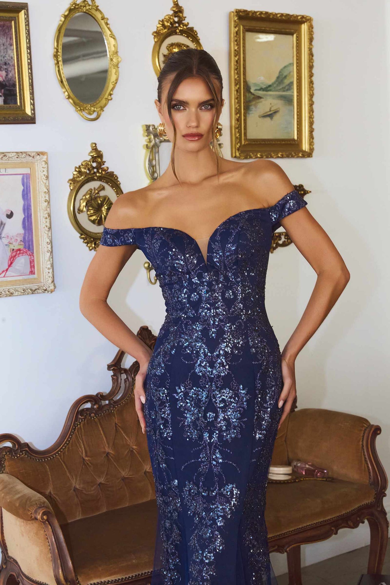 Amoris T613 Fitted Off the Shoulder Sequin Lace Sweep Train Gown