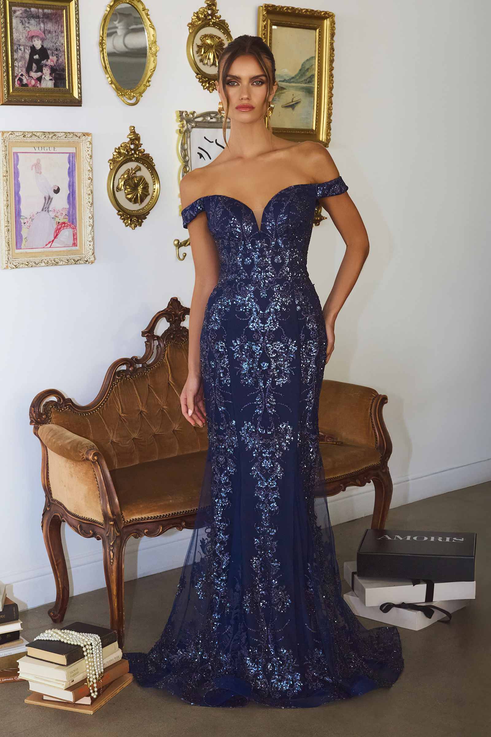 Amoris T613 Fitted Off the Shoulder Sequin Lace Sweep Train Gown