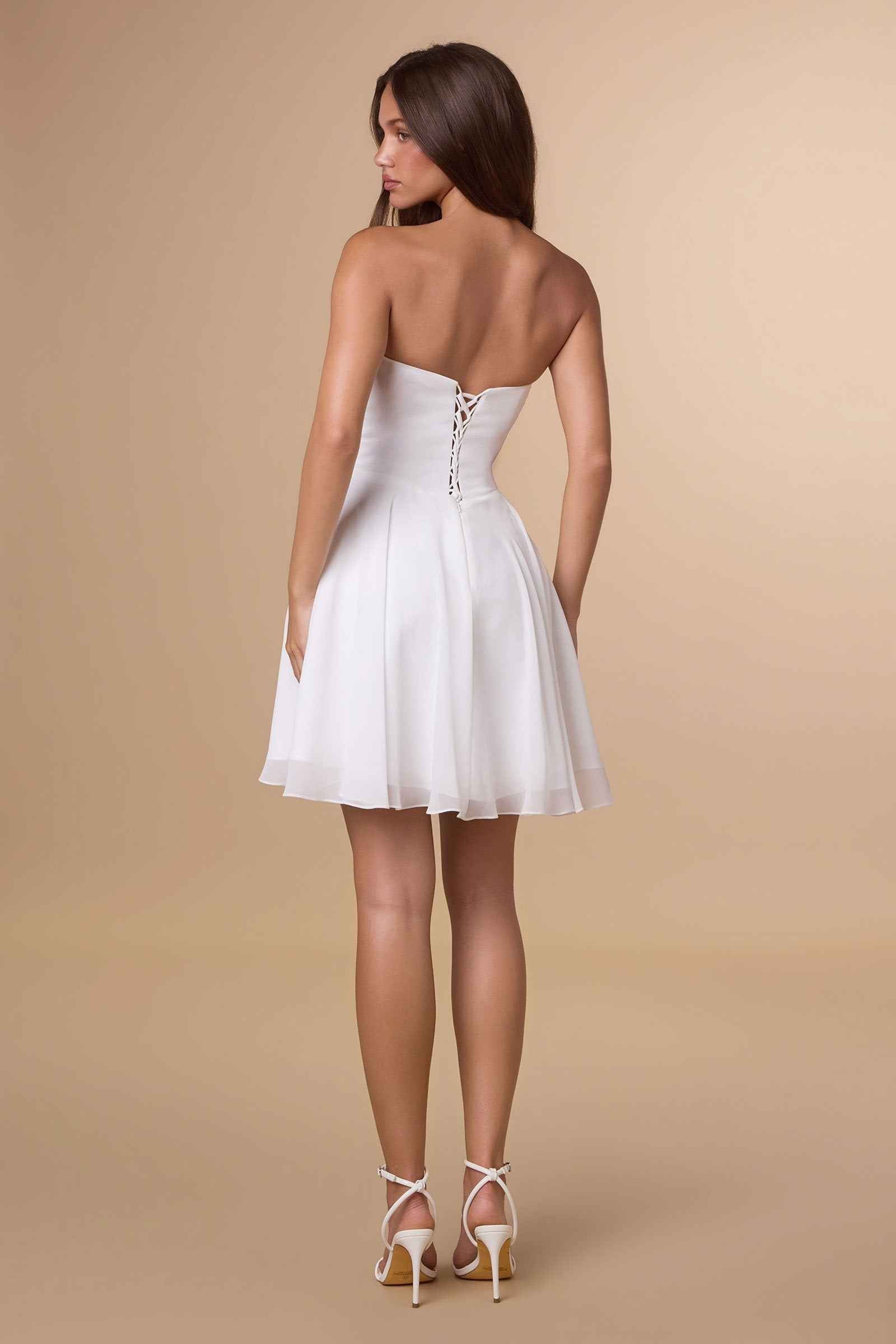Amoris T709W Short Strapless Off White Chiffon Dress