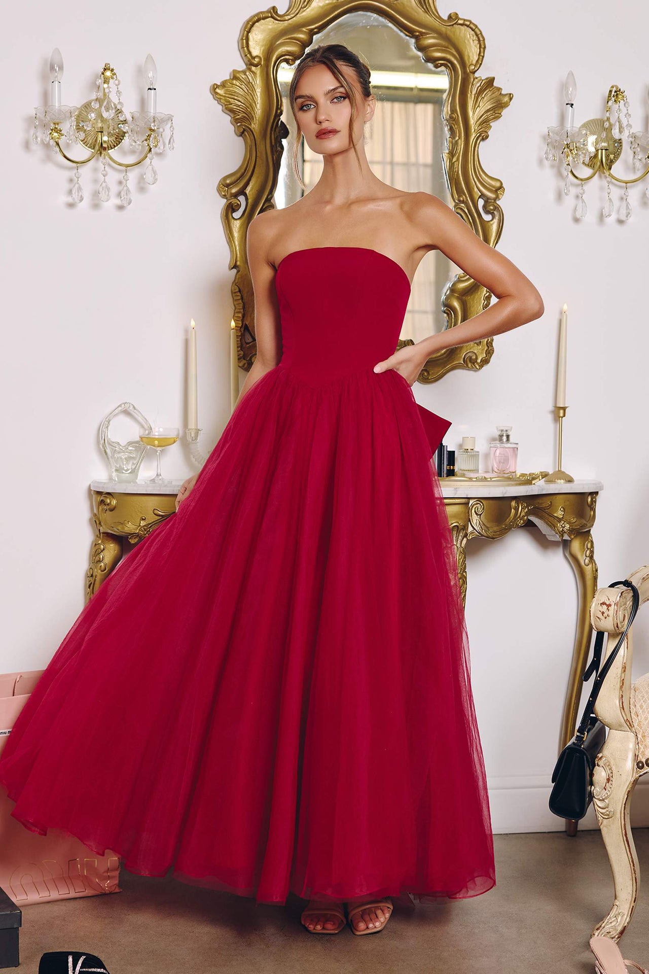 Amoris T712 Strapless Crepe Bodice A-Line Gown Layered Tulle Skirt