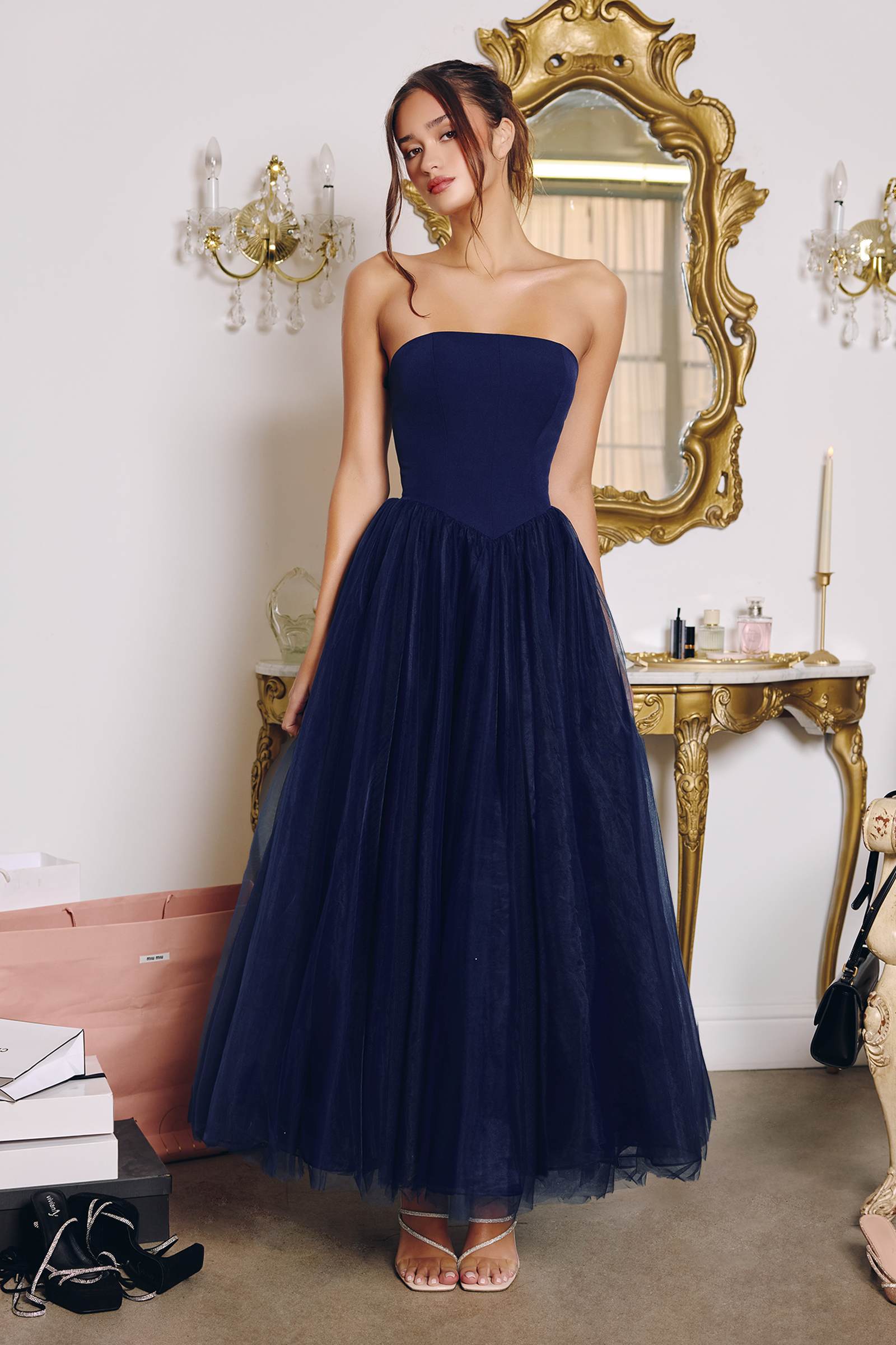 Amoris T712 Strapless Crepe Bodice A-Line Gown Layered Tulle Skirt