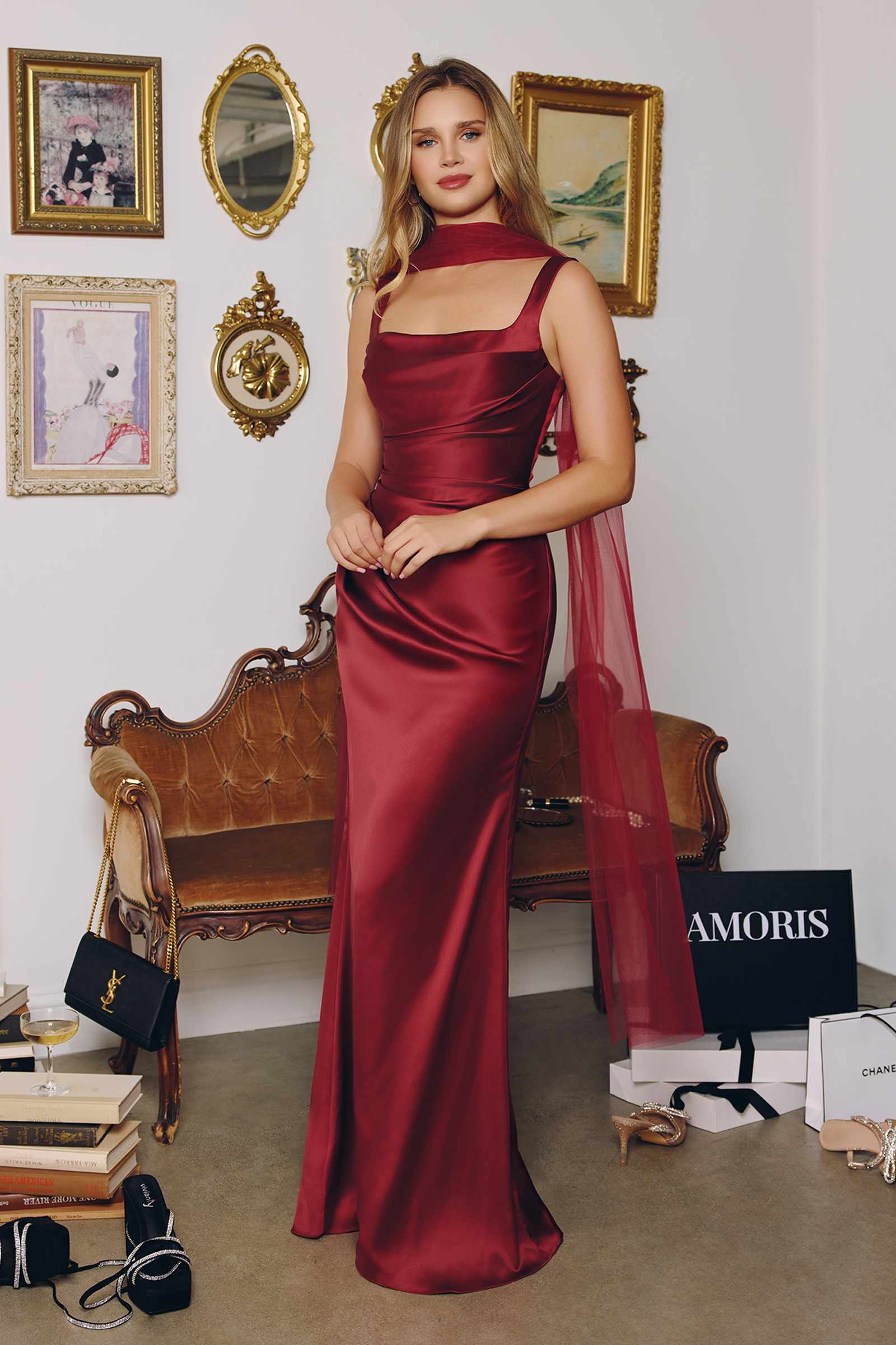 Amoris T729 Sleek Satin Adjustable Straps Fitted Gown