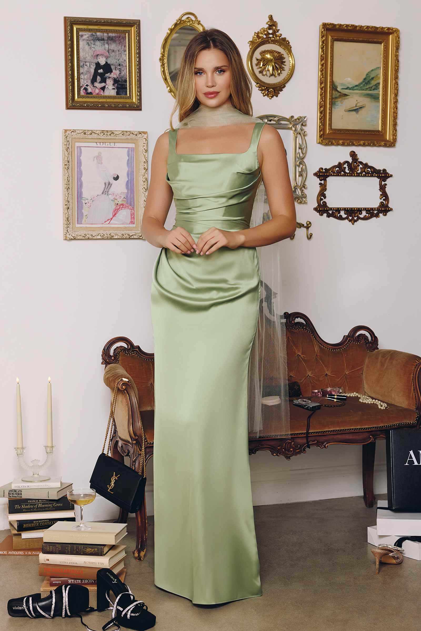 Amoris T729 Sleek Satin Adjustable Straps Fitted Gown