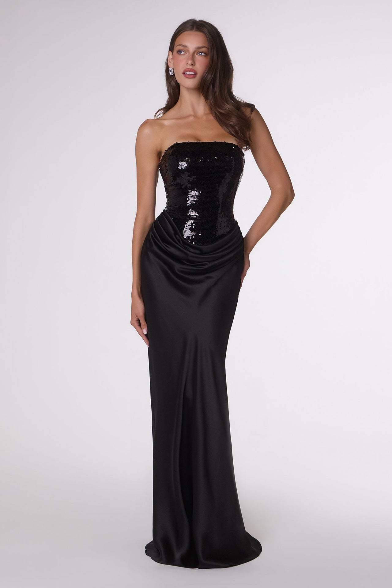Amoris T744 Strapless Sequin Bodice Satin Skirt Formal Dress