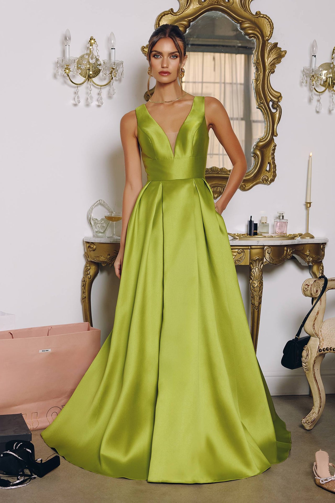 Amoris T814 Long V-Neckline A-Line Satin Dress with Pockets