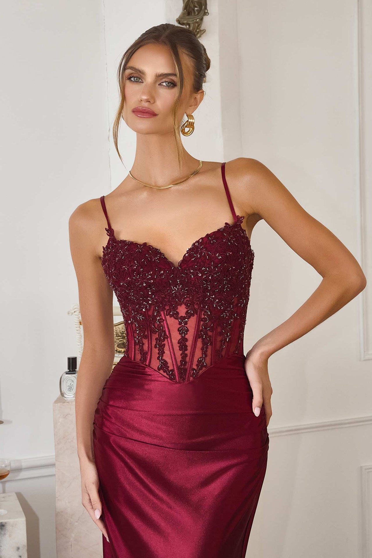 CLEARANCE - Amoris T819 Sleek Fitted Stretch Satin Burgundy Mermaid Gown (Size XS)