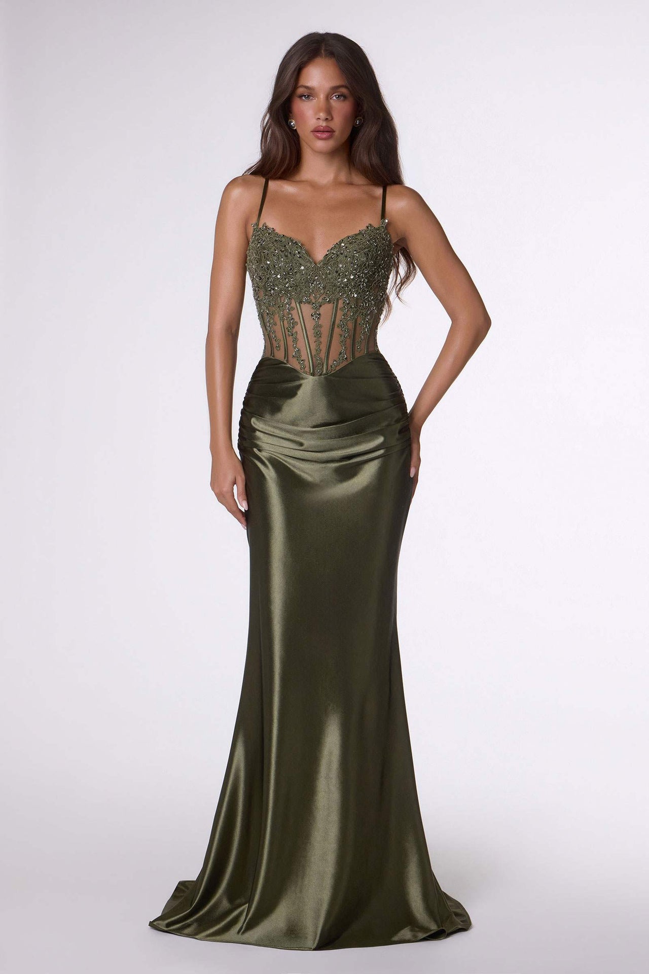 Amoris T819 Sleek Fitted Stretch Satin Sheer Corset Mermaid Gown