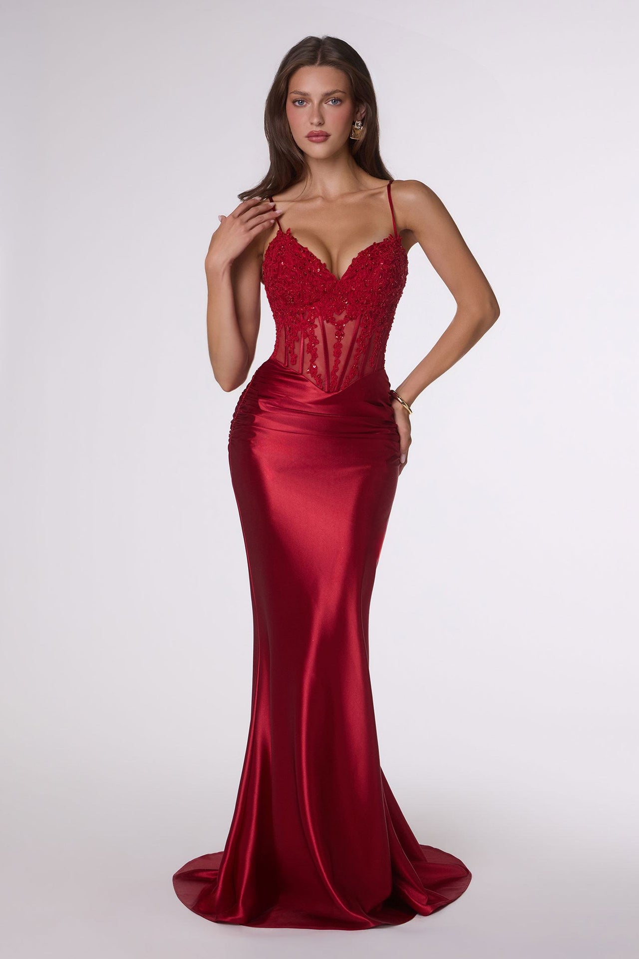 Amoris T819 Sleek Fitted Stretch Satin Sheer Corset Mermaid Gown