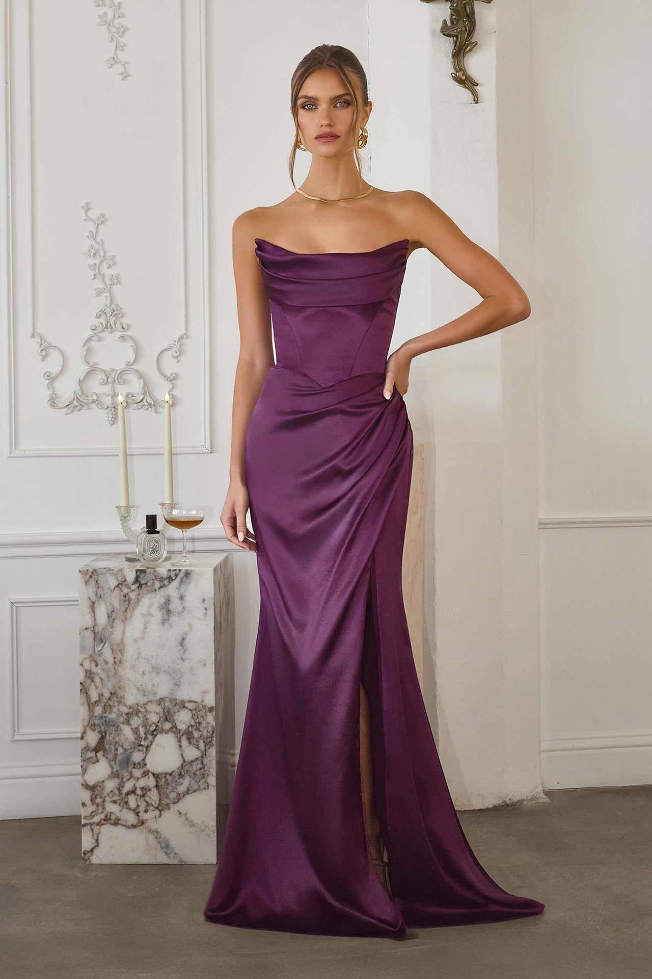 Amoris T820 Removable Strap Stretch Satin Floor Length Fitted Gown